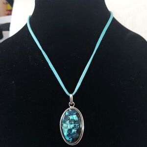 Sterling Silver dichroic Glass large Oval Pendant Cord Necklace